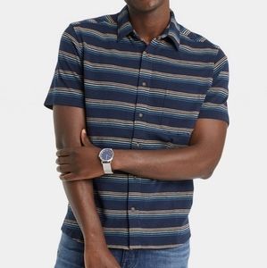 Mens' Short Sleeve Button-Down Shirt Goodfellow & Co - Navy Blue Striped Sz L